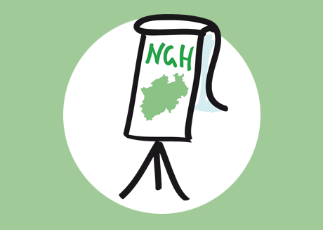 Flipchart mit NGH Schriftzug und Umriss von NRW
